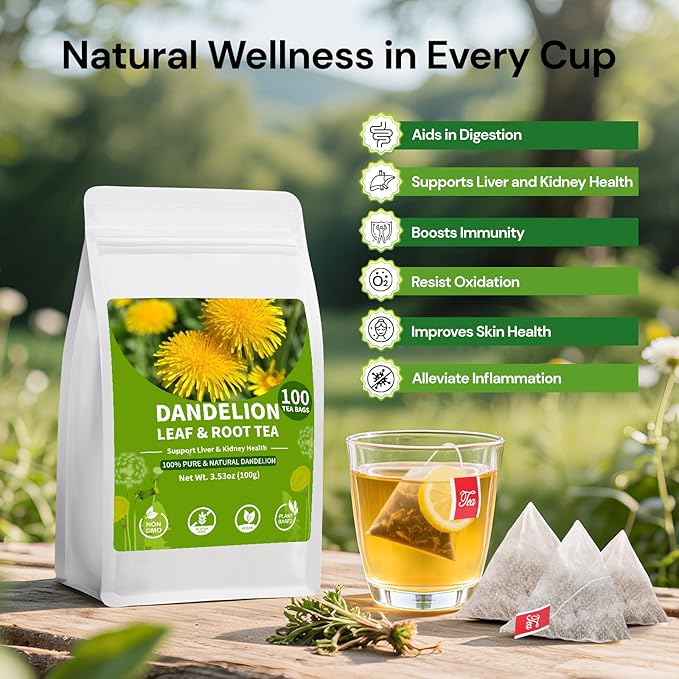 Dandelion Leaf and Root Tea bags, Natural Chinese Detox Herbal Dandelion Tea Support Liver & Kidney Health and Promote Digestion Te De Diente De Leon, Caffeine Free (100 Teabags)