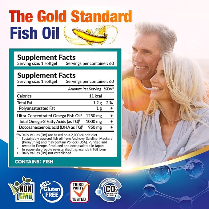 LABO Nutrition OmaxPure DHA76 Omega 3 Fish Oil, Ultra-Concentrated 76% 950mg DHA, EPA, 60 Count, Pharmaceutical Grade, Supercritical CO2 Extracted rTG Form, for Heart, Joint, Brain & Immune Health