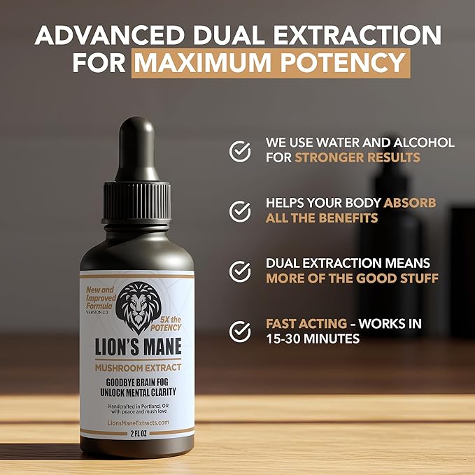 Lion's Mane Extract Mushroom Tincture - Focus, Memory & Clarity Support - 2 oz, Lion’s Mane Supplement Liquid Extract | Dual-Extracted from USA-Grown Fruiting Bodies, Mushroom Drops Nootropic