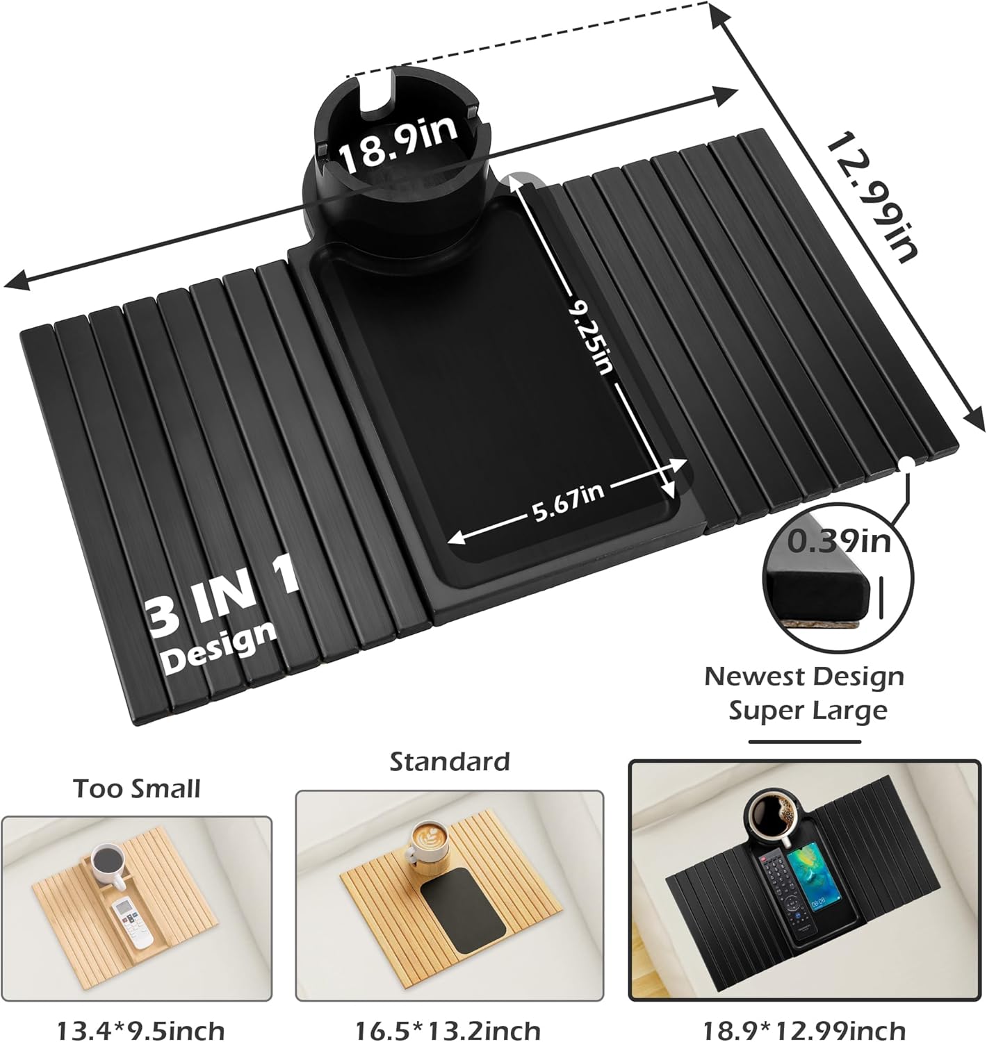 Couch Cup Holder Tray, 3 in 1 Large Couch Arm Trays,Bamboo Chair Clip on Tray with 360° Ratated Phone Holder for Couch,Armrest Tray for Snacks,Remote,Phone