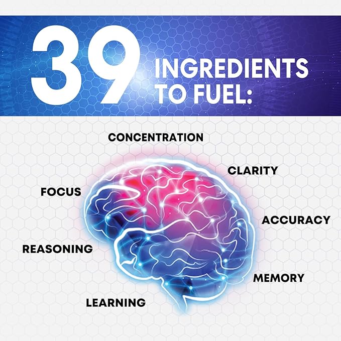 Brain Memory Supplement Pills - Nootropics Support for Concentration, Clarity, Alertness & Focus - Brain Health with Bacopa, Cognitive Vitamins, Phosphatidylserine, DMAE - Brain Booster - 60 Capsules