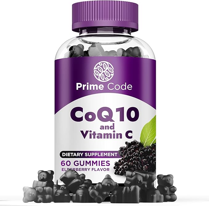 Prime Code CoQ10 200mg & Vitamin C 250mg Gummies – Antioxidant & Immune Support – Heart & Energy Supplement for Adults – Vegan, Non-GMO, Gluten-Free – Elderberry Flavor – 60 Gummies