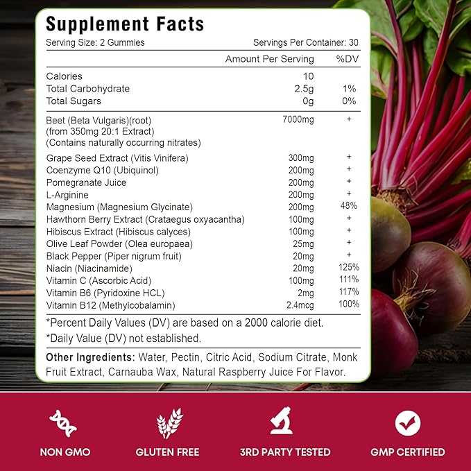 Beet Root Gummies 7000MG – Nitric Oxide Beetroot Gummies with Coq 10, Grape Seed, Pomegranate for Circulation & Energy Support – Vegan, Non-GMO, 60 Beet Chews