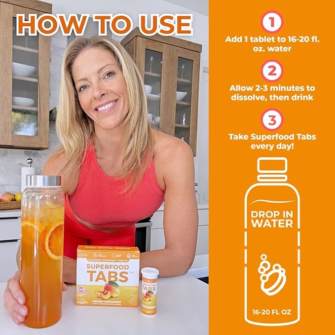 ā Anti-Bloat Cleanse Drink with 15 Superfoods | Supports Digestion, Energy & Cravings | Vegan, Non-GMO | 60 Effervescent Tabs ā Peach Mango Flavor