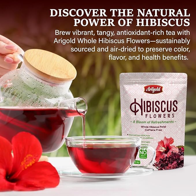 Arigold Pure Whole Petals Hibiscus Tea 1lb ā Organic Dried Hibiscus Flowers,Flor de Jamaica, Hibiscus Sabdariffa, Bissap, Sorrel, hibiscus tea loose leaf Herbal Tea for Agua Fresca, Cocktails, Iced Tea & Hot Tea | Caffeine-Free & Rich in Antioxidants.