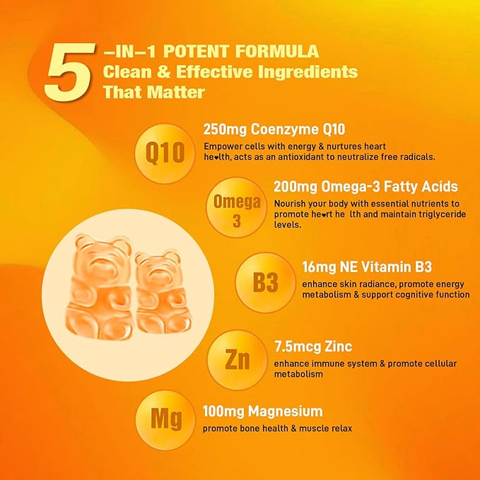 Sugar Free CoQ10 Gummies, Plus Omega-3, Vitamin B3 and Zinc, Magnesium, 5X High Absorption Coenzyme Q10 Supplements, q10 Boost Cellular Energy, Potent Antioxidant & Brain, Peach Flavor, 60 Cts