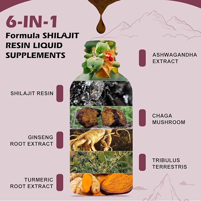 Shilajit Resin Liquid Drops for Men and Women with Ashwagandha, Turmeric, Ginseng, Chaga, 85+ Trace Minerals Fulvic Acid Shilajit Complex for Digestion Support, Energy Booster - Vegan