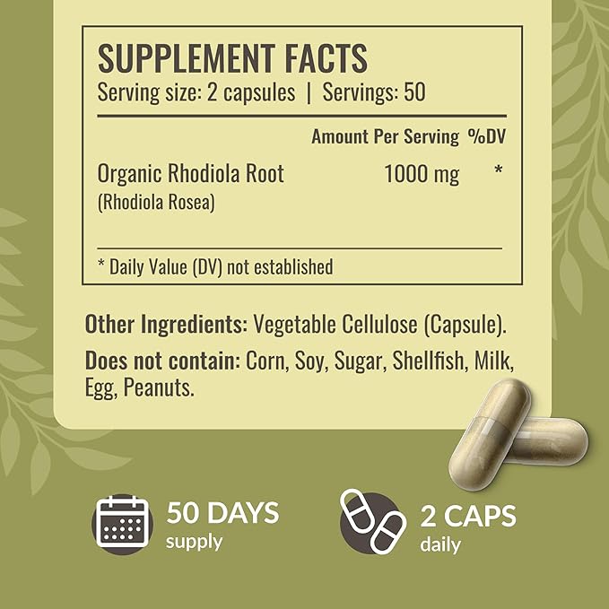 HERBAMAMA Rhodiola Rosea Supplement Capsules - 1000mg Rhodiola Rosea Extract for Relaxation, Focus & Brain Support - Vegan, Non-GMO Calming Supplement for Adults, 100 Caps
