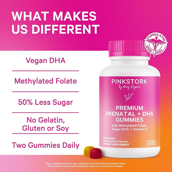 Pink Stork Premium Prenatal Gummy Vitamins with DHA, Folate, and Vitamin D - Multivitamin and Nutrient Blend for Neural Tube and Fetal Brain Development - Pregnancy Must Haves - 60 Vegan Gummies