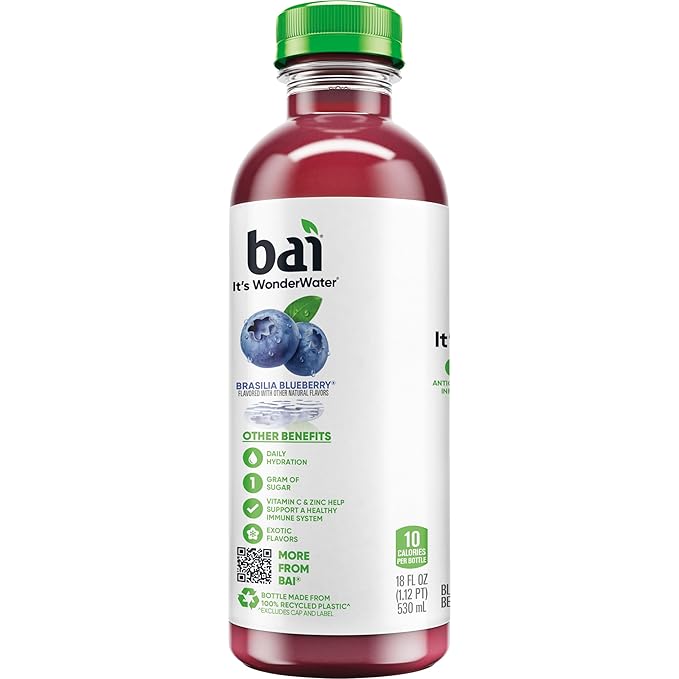 Bai Antioxidant Infused Water Beverage, Brasilia Blueberry, with Vitamin C and No Artificial Sweeteners, 18 Fluid Ounce Bottle, 12 Pack