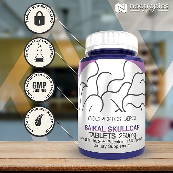Nootropics Depot Baikal Skullcap Extract Tablets | 250mg | 120 Count | >15% Apigenin, >20% Baicalein, >50% Baicalin