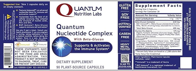 Quantum Nutrition Labs Quantum Nucleotide Complex - Beta Glucan Immune Support Supplement with Yeast Nucleotides & Reishi, 400 mg 1,3 Beta-Glucan Per Serving - 90 Vegetarian Capsules