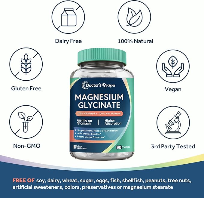 Doctor's Recipes Magnesium Glycinate, Chelated Magnesium with High Absorption & Non-Buffered, Easy on Stomach, No Gluten, Bone, Muscle, Nerve & Energy Support, 90 Tablets