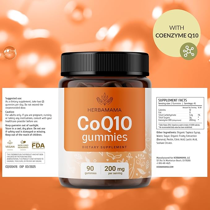 HERBAMAMA CoQ10 Gummies - 200mg Coenzyme Q10 for Antioxidant Support - Vegan, Non-GMO Daily Energy Support Supplement - 90 Pectin-Based Banana-Flavored Chews