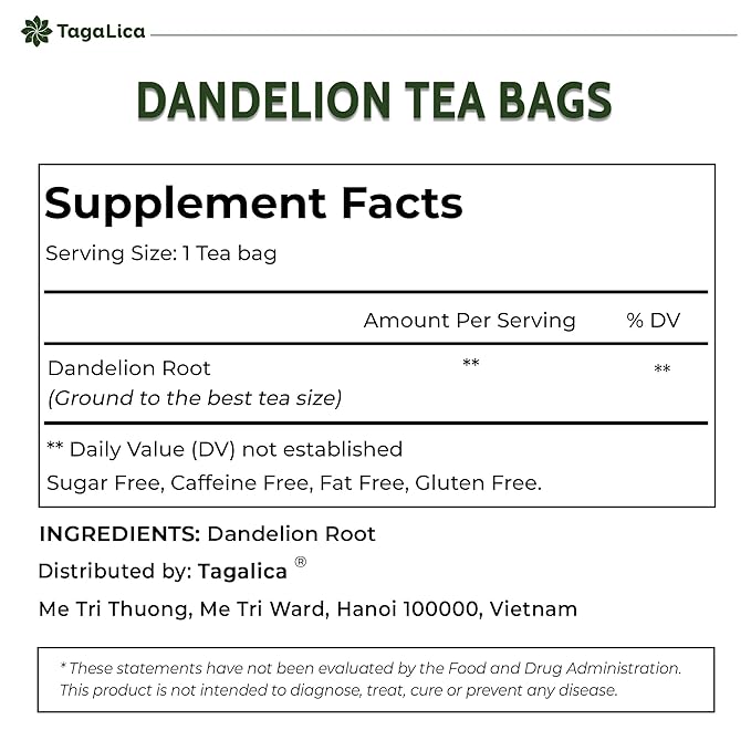 Tagalica Premium Dandelion Root Tea Bags - 25 Count, 100% Natural & Pure, Eco-Conscious, Herbal Tea, No Sugar, No Caffeine, No Gluten, Vegan