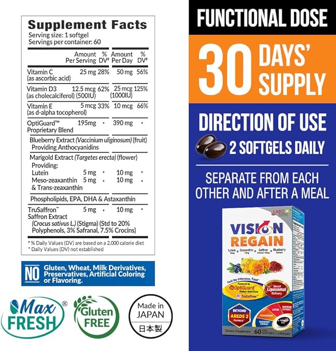 LABO Nutrition VisionREGAIN, Eye Vitamin Beyond AREDS 2 Formula with Lutein, Zeaxanthin, Saffron Extract, Blueberry for Macular and Retinal Health, Eye Fatigue, Night Vision Support 60 Counts
