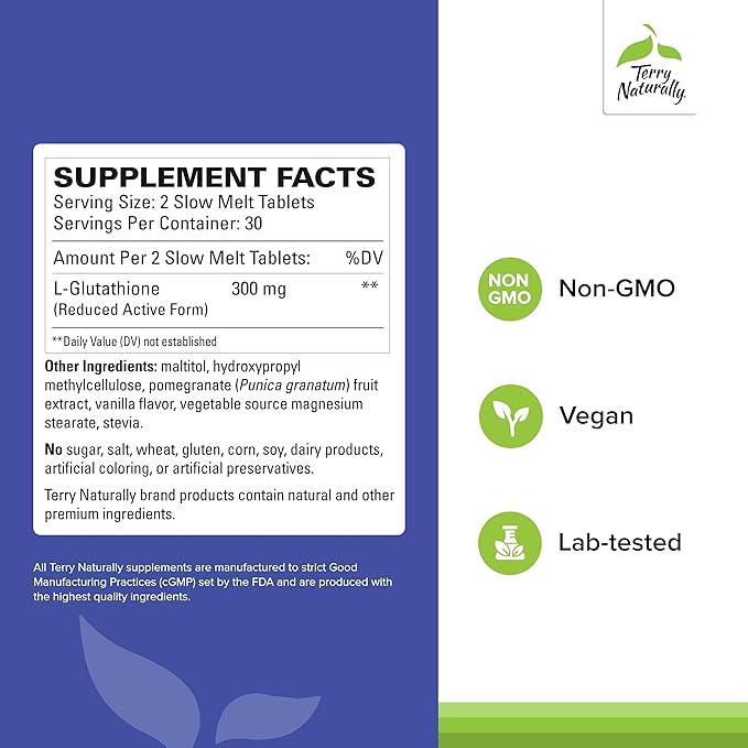 Terry Naturally Clinical Glutathione - Antioxidant for High Absorption - Dietary Supplement with L-Glutathione - Vegan Supplement to Support Cell Health - 60 Slow Melt Tablets (Pack of 2)