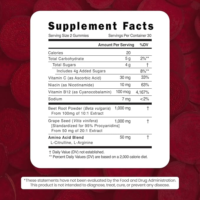 Beet Root Gummies - Super Nitric Oxide Beets Supplement - Red Beetroot Heart Chews with Grape Seed Power & B12- Pomegranate Flavor, 60 Chewables Beets