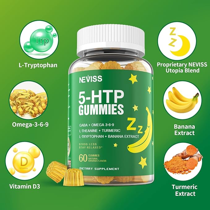NEVISS 1Pack 5-HTP Gummies + GABA - Melatonin Free - Relaxation Gummies with Banana Extract, L-Theanine,L-Tryptophan, Vitamin D3 for Healthy Rest Cycle & Circadian Rhythm,Brain Function & Muscle Relax