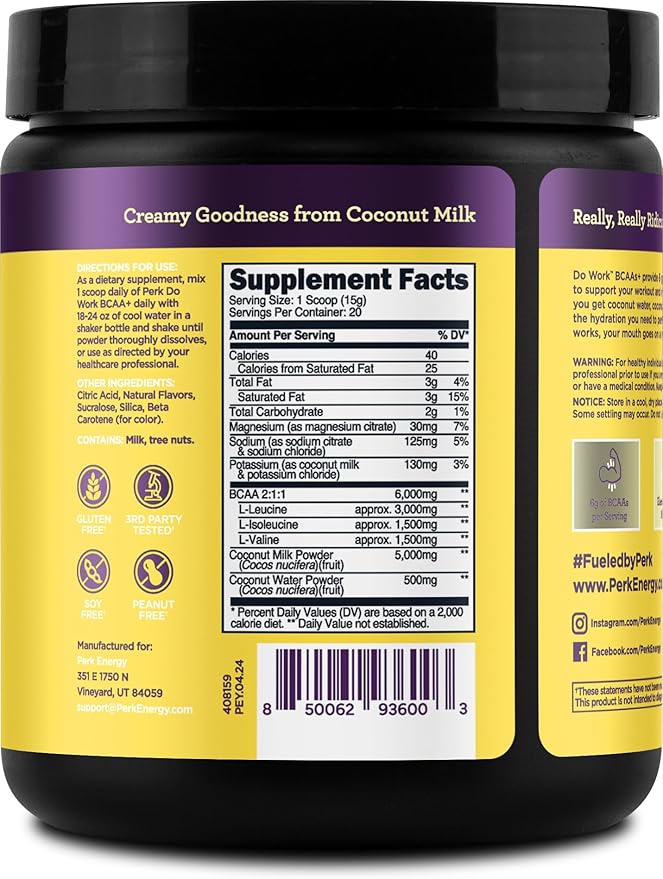 Perk BCAAs + Hydration Electrolytes Powder (Lemon Tart Flavored, 20 Servings) - with Coconut Water and Coconut Milk
