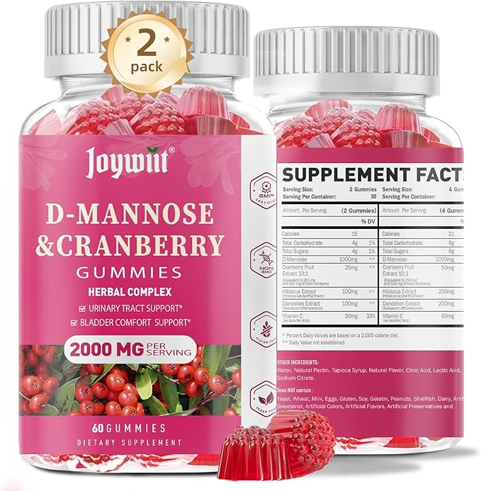 D-Mannose Gummies 2000mg with Cranberry 500mg & Hibiscus - D Mannose Chewable Supplements for Women - Liver, Bladder Flush & Urinary Tract Cleanse Health Supplement - 120 Count