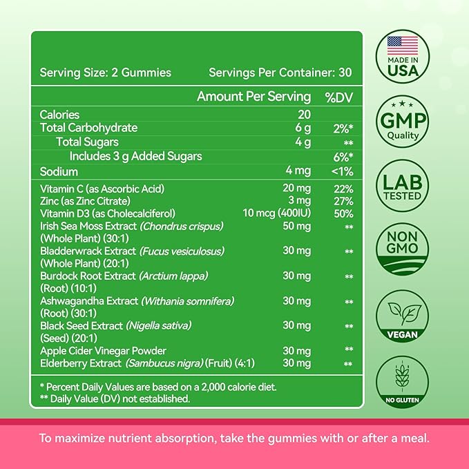 Sea Moss 4000mg Gummies with Ashwagandha, Elderberry, Apple Cider Vinegar, Bladderwrack, Burdock Root – Immune Support – Mixed Berry Flavor – 60 Count