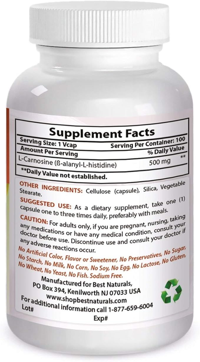 Best Naturals L-Carnosine 500 mg 100 Vcaps (100 Count (Pack of 1))