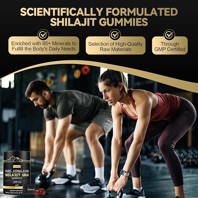 Pure Himalayan Shilajit Gummies: Gold Grade Shilajit Riched with Ashwagandha Fulvic Acid & 85+ Trace Minerals - No Added Sugar - Individually Wrapped - for Men & Women - 60 Gummy