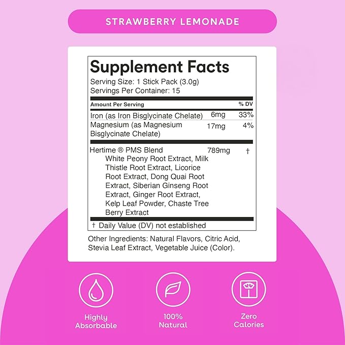 Hertime PMS - Supports Hormonal Health for Women - Supports a Healthy Menstrual Cycle - with Minerals, Peony Roots, Siberian Ginsen - Sugar-Free - 15 Drink Packets - Strawberry Lemonade