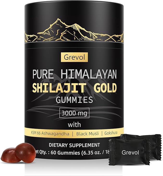 Pure Himalayan Shilajit Gummies: Gold Grade Shilajit Riched with Ashwagandha Fulvic Acid & 85+ Trace Minerals - No Added Sugar - Individually Wrapped - for Men & Women - 60 Gummy