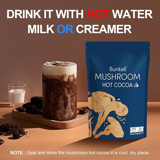 Bunkell Mushroom Hot Cocoa, Adaptogenic Mushroom with Reishi, L-Theanine, Chicory, Melatonin & Glycine, Melatonin, Sleep Hot Cocoa Supplement for Sleep and Stress Support, 25 Servings 1 Pack