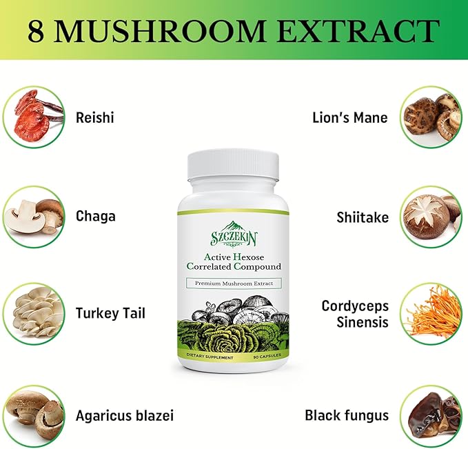 Active Hexose Correlated Compound 1500 mg Supplement, Natural 8 Mushroom Extract Supplement, Immune System, Liver Function, Natural Killer and T Cells Activity, 90 Veggie Capsules