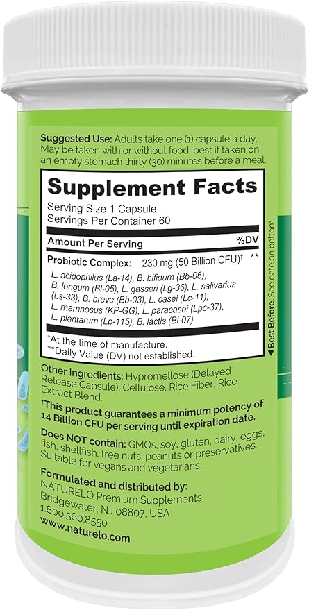 NATURELO Probiotics for Digestive Health - 50 Billion CFU, 11 Strains Daily Supplement - Boosts Immune System, Delayed Release, 60 Vegetarian Capsules