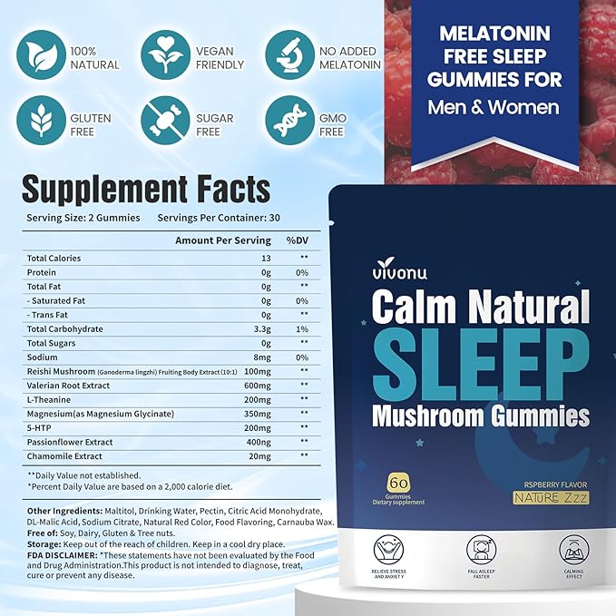 Sleep Gummies for Adultswith L-Theanine, Magnesium, Reishi Mushroom,Valerian Root, Passionflower | Non-Habit Forming Sleep Aid | Non-GMO Sleep Gummies Melatonin Free | Raspberry Flavor (60pcs)
