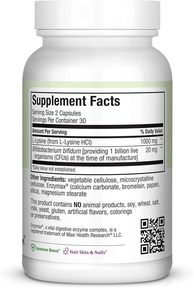 Lysine Complex with Probiotics - L-Lysine 1000mg Capsules for Protein Synthesis and Immune Health - 1000 mg Lysine Supplement from Lysine HCl (60 Count (Pack of 1))