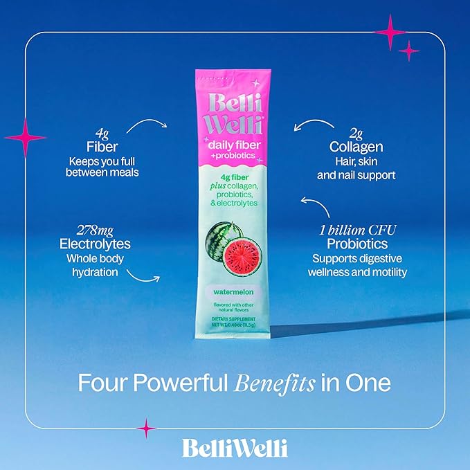 Daily Fiber Supplement Packets with Collagen, Probiotics & Electrolytes | Single Serve Packets for Gut Health, Digestion & Debloating | Watermelon | 10 Count