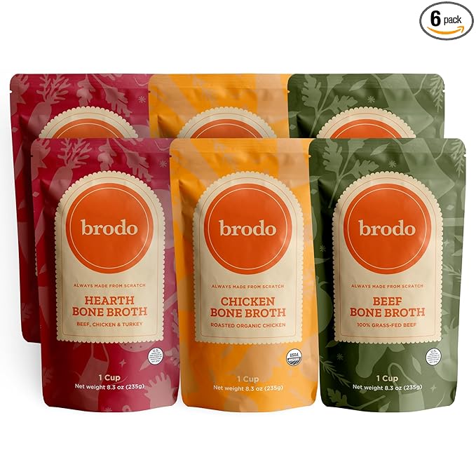 Brodo Classic Variety Pack with Collagen & Protein, Includes Organic Chicken, 100% Grass-Fed Beef, & Hearth Bone Broths for Sipping & Cooking, Nutrient-Dense & Slow-Simmered for Deep Flavor (6x 8.3oz)