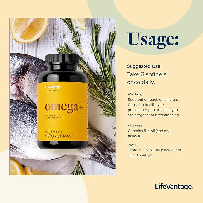 LifeVantage - Omega+ - Supplement 3-in-1 Blend of Omega-3 & 7, Vitamin D and for Brain, Cardiovascular, Skin Health and Immunity - 90 Softgels