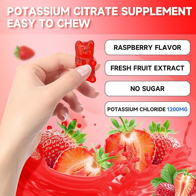 Potassium Gummies for Adults, Potassium Chloride Gummies 1200mg Support Leg Cramps & Electrolyte Balance, Strawberry Flavor 60 Count