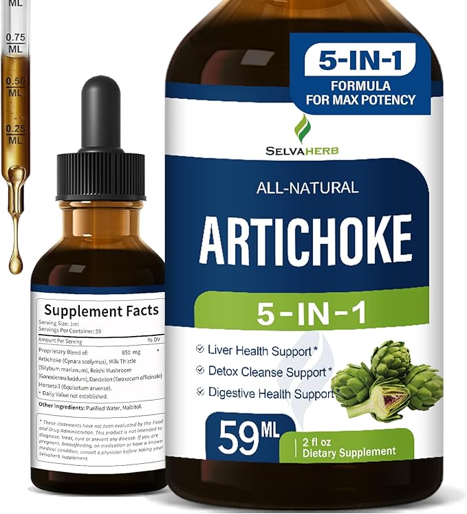 Artichoke Leaf Extract Drops for Liver Detox Cleanse & Repair, Milk Thistle 5-in-1 Natural Herbal Formula, Liver Health Support Supplment w/Dandelion Horsetail, High Absorbtion. 2oz