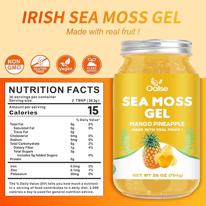 (28OZ Irish Sea Moss Gel Mango Pineapple Flavor - Natural Seamoss Gel with 92 Minerals and Vitamins - Non-GMO, Gluten-Free, Vegan - Immune Support