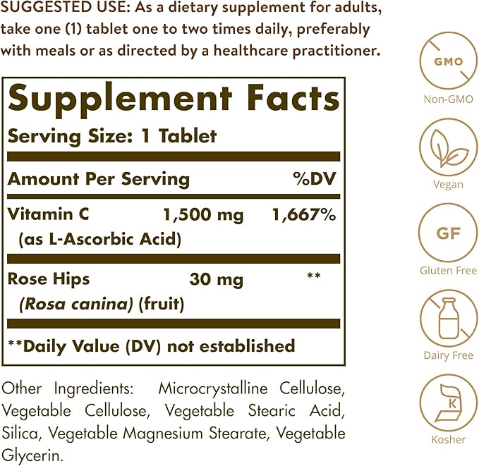 Solgar Vitamin C 1500 mg with Rose Hips, 180 Tablets - Antioxidant & Immune Support - Overall Health - Supports Healthy Skin & Joints - Non GMO, Vegan, Gluten Free, Dairy Free, Kosher - 180 Servings