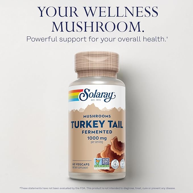 SOLARAY Fermented Turkey Tail Mushroom Supplement 1000mg - Overall Wellness Support - Turkey Tail Mushroom Capsules with Organic Mushrooms - Vegan, Non-GMO, Lab Verified, 60-Day Guarantee, 30 Servings