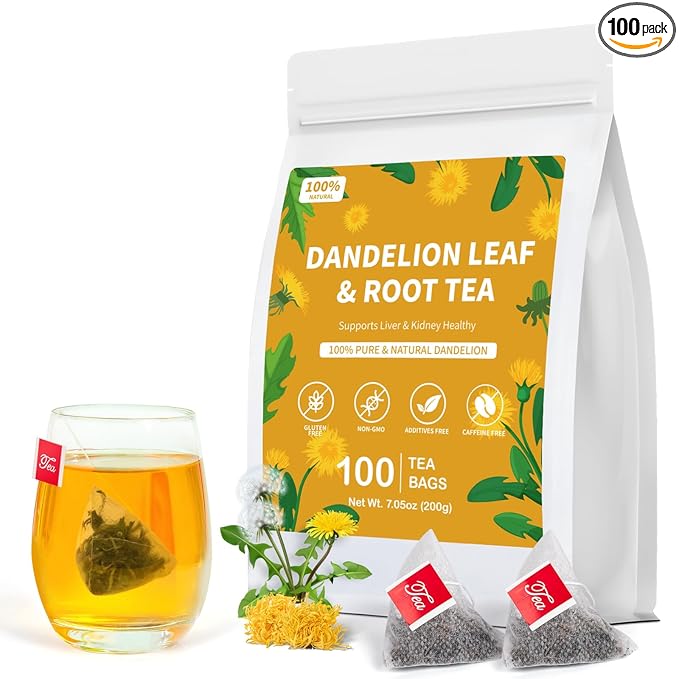 Dandelion Leaf and Root Tea, Natural Dandelion Tea for Liver & Kidney Health, Roasted Detox Herbal Cleanse Teabags for Men Women, Support Boost Immune System, Caffeine Free (1 Pack/100 Bags)
