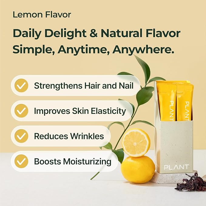 PLANT Vegan Liquid Collagen + Biotin + Niacin | 2,000mg Hydrolyzed Collagen Peptides | Kosher & Halal Certified| Lemon Flavor| Skin, Hair & Nail Support| 363Da Ultra Low Molecular |15 Stick Packs