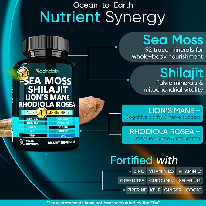 Adndale Sea Moss Capsules with Lion's Mane, Rhodiola Rosea, Shilajit for Women and Men Energy, Focus, Immune Support - 90 Count