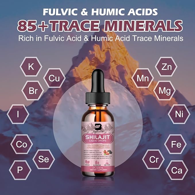 Shilajit Resin Liquid Drops for Men and Women with Ashwagandha, Turmeric, Ginseng, Chaga, 85+ Trace Minerals Fulvic Acid Shilajit Complex for Digestion Support, Energy Booster - Vegan