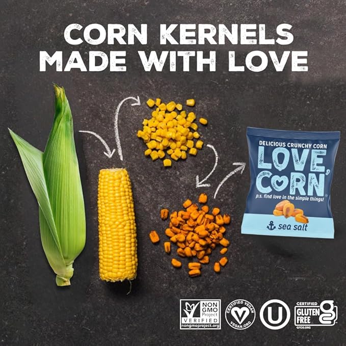 LOVE CORN Fab Four - Sea Salt, BBQ, Salt & Vinegar, Hot Spicy 0.7oz x 20 Delicious Crunchy Corn Healthy Family Snacks Gluten Free, Kosher, NON-GMO Alternative for Chips, Nuts, Crackers Pretzels