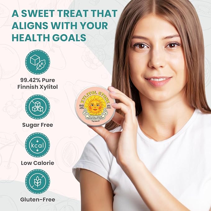 Xylitol Stone Sugar Free Candy - Vegan & Keto Friendly Unique Hard Candy - 100% Natural Flavor Candies - Gluten Free & Non-GMO Breath Freshener Low Calorie Mints - Peach (Pack of 2)