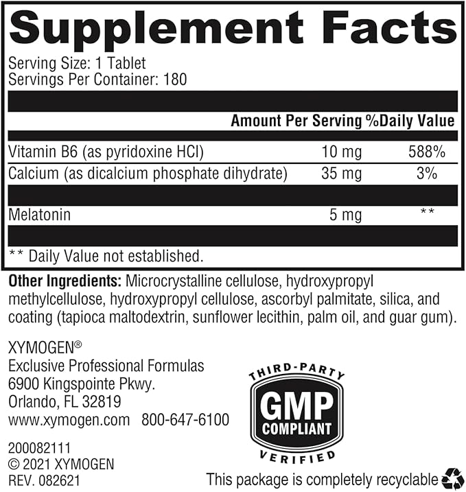 XYMOGEN Melatonin CR - Time Release Melatonin 5mg Supplement with Vitamin B6 - Nighttime + Immune Support - Biphasic Delivery Releases Quickly Then Steadily (180 Extended Release Tablets)